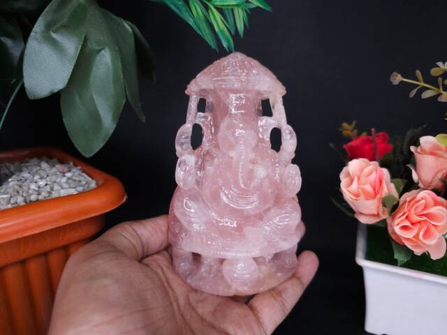 Rose Quartz Ganesh Statue - Pink Ganesha Hindu Idol Spiritual Healing Crystal Altar Gifts - image 1