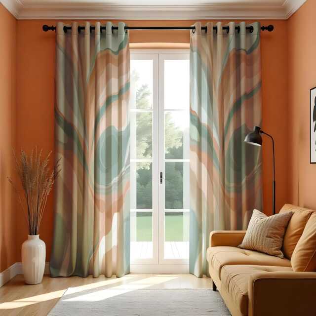 Retro Swirl Curtains, Earth Tone Marble Pattern Drapes, Wavy Abstract Curtain Panels, Mid Century Modern Window Treatment For Home - image 1