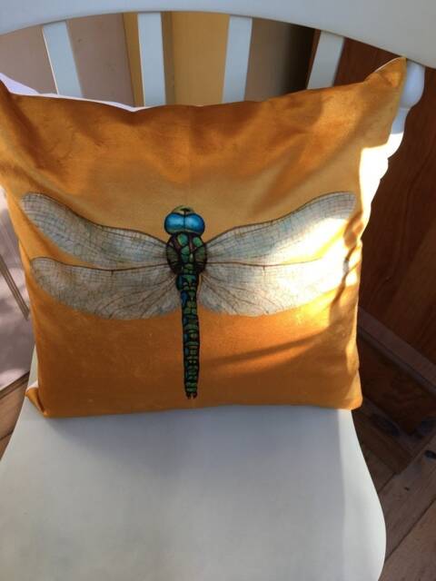 Handmade Yellow Velvet Dragonfly Cushion Countryside Decor - image 1