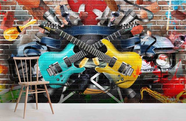 3D Graffiti Guitar Wallpaper, Musical Wall Mural, Peel & Stick - image 1