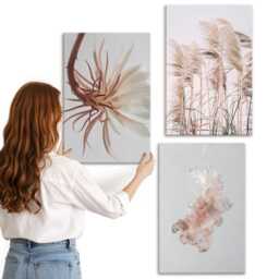 Canvas Set Of 3 - Flowers & Grasses On A Light Background in Harmonious Set, Beige Wall Art Large, Plants Decor - thumbnail 1