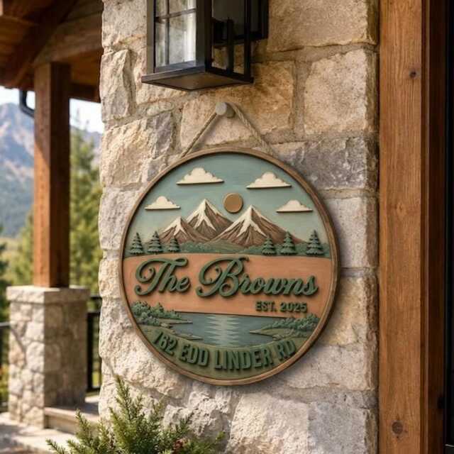 Personalized Mountain Cabin Wooden Sign, Custom Last Name Wood Forest Decor, Rustic Farmhouse Wall Porch Sign - image 1
