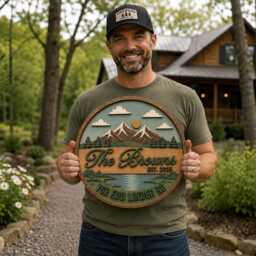 Personalized Mountain Cabin Wooden Sign, Custom Last Name Wood Forest Decor, Rustic Farmhouse Wall Porch Sign - thumbnail 3