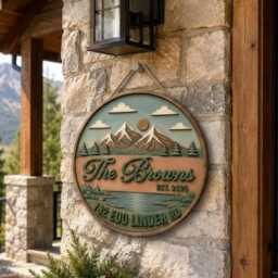 Personalized Mountain Cabin Wooden Sign, Custom Last Name Wood Forest Decor, Rustic Farmhouse Wall Porch Sign - thumbnail 1