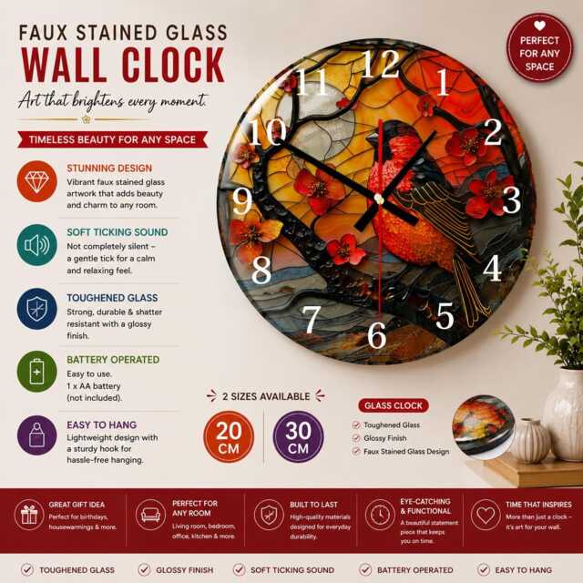 Bullfinch Glass Wall Clock Faux Stained Bird Decor - image 1
