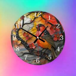 Bullfinch Glass Wall Clock Faux Stained Bird Decor - thumbnail 3