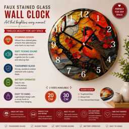 Bullfinch Glass Wall Clock Faux Stained Bird Decor - thumbnail 1