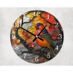 Bullfinch Glass Wall Clock Faux Stained Bird Decor - thumbnail 2