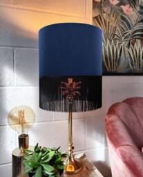 Navy Blue Fringed Lampshade in Velvet With Black Fringe - thumbnail 1