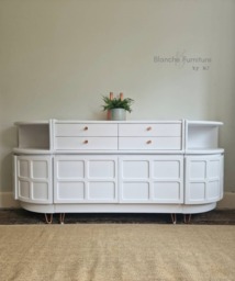 stunning, Very Large Curved Sideboard, By Nathan in Brilliant White On Chrome Hairpin Legs - thumbnail 1