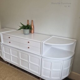stunning, Very Large Curved Sideboard, By Nathan in Brilliant White On Chrome Hairpin Legs - thumbnail 2