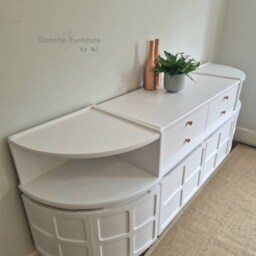 stunning, Very Large Curved Sideboard, By Nathan in Brilliant White On Chrome Hairpin Legs - thumbnail 3