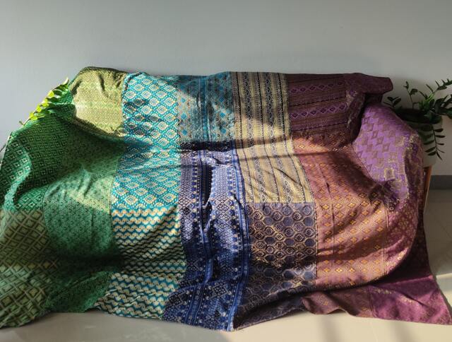 Handmade Patchwork Bed Throw Aquamarine Boho Bedspread With Golden Accents - image 1