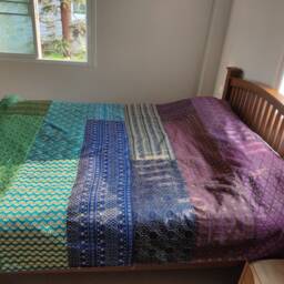 Handmade Patchwork Bed Throw Aquamarine Boho Bedspread With Golden Accents - thumbnail 2