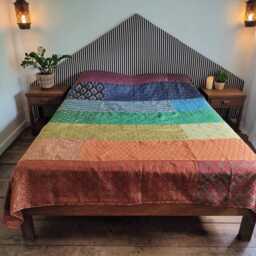 Handmade Patchwork Bed Throw Aquamarine Boho Bedspread With Golden Accents - thumbnail 4