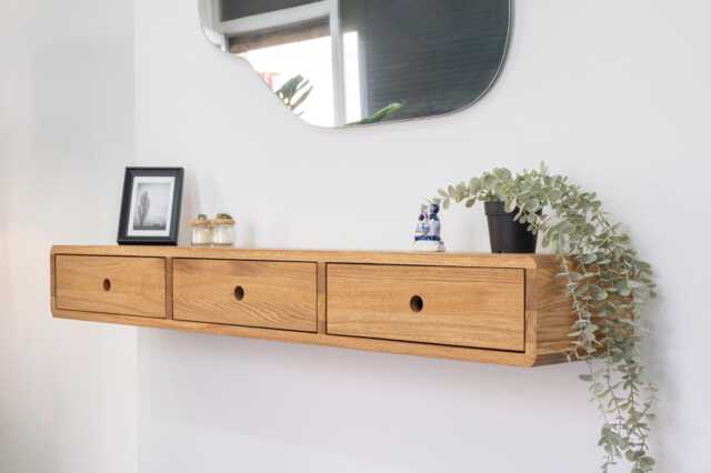 Solid Oak Floating Console Table With Three Drawers - Entryway Hallway Wooden - image 1