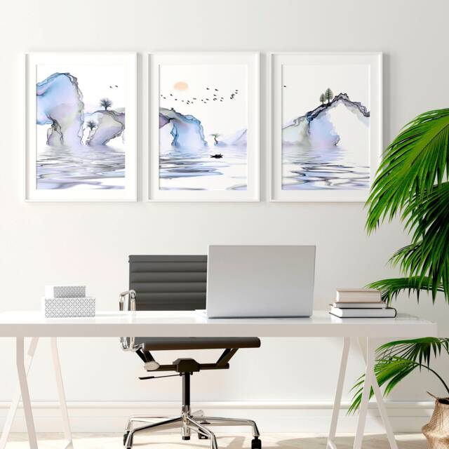 Trendy Japandi Landscape Sunset Set Of 3 Framed Wall Art Prints For A Relaxing Office Desk Decor, Pastel Blue Japanese Gallery - image 1