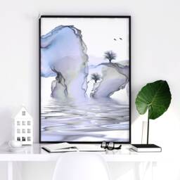 Trendy Japandi Landscape Sunset Set Of 3 Framed Wall Art Prints For A Relaxing Office Desk Decor, Pastel Blue Japanese Gallery - thumbnail 2