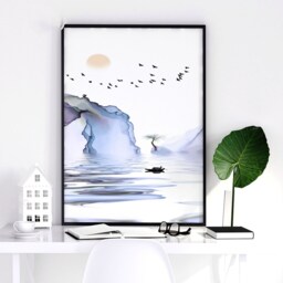 Trendy Japandi Landscape Sunset Set Of 3 Framed Wall Art Prints For A Relaxing Office Desk Decor, Pastel Blue Japanese Gallery - thumbnail 3