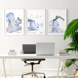Trendy Japandi Landscape Sunset Set Of 3 Framed Wall Art Prints For A Relaxing Office Desk Decor, Pastel Blue Japanese Gallery - thumbnail 1
