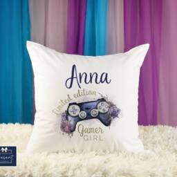 Personalised Gamer Girl Cushion, Gaming Gift For Girls, Turquoise Purple Pink Teenage Gift, Girls Bedroom - thumbnail 2
