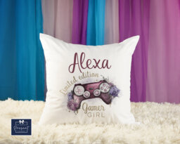 Personalised Gamer Girl Cushion, Gaming Gift For Girls, Turquoise Purple Pink Teenage Gift, Girls Bedroom - thumbnail 1