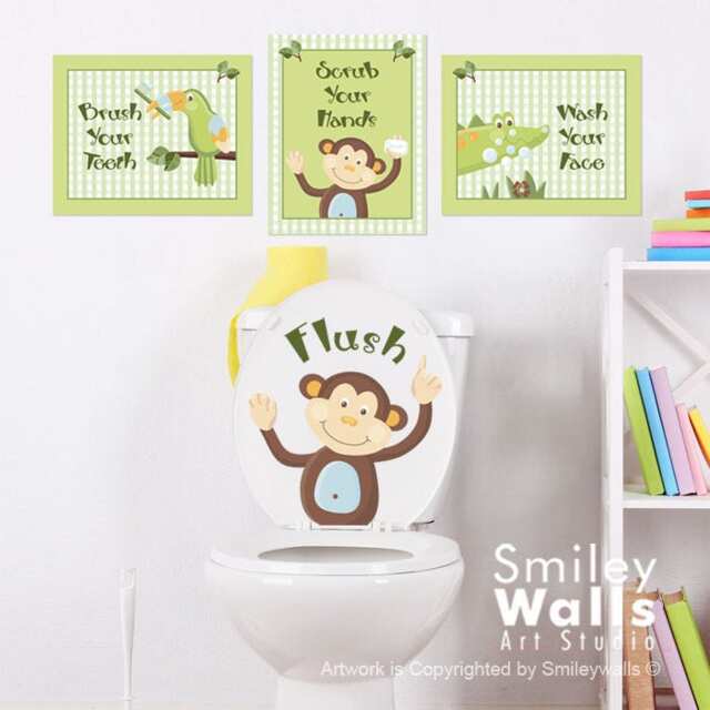 Kids Bathroom Wall Art, Monkey Prints Stickers, Jungle Decal For Decor, Door Sign Decor - image 1
