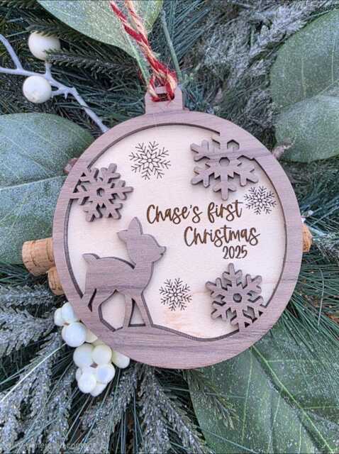Baby's First Christmas Ornament - Engraved Maple & Walnut Wood Keepsake 2025 Gift - image 1