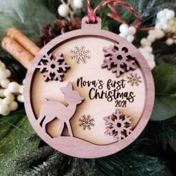 Baby's First Christmas Ornament - Engraved Maple & Walnut Wood Keepsake 2025 Gift - thumbnail 3