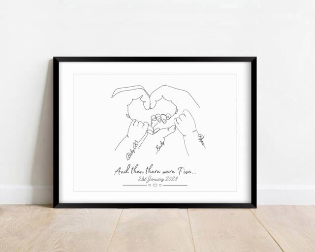 Personalised Family Of Five Line Art Print, Mother's Day Gift Frame - image 1