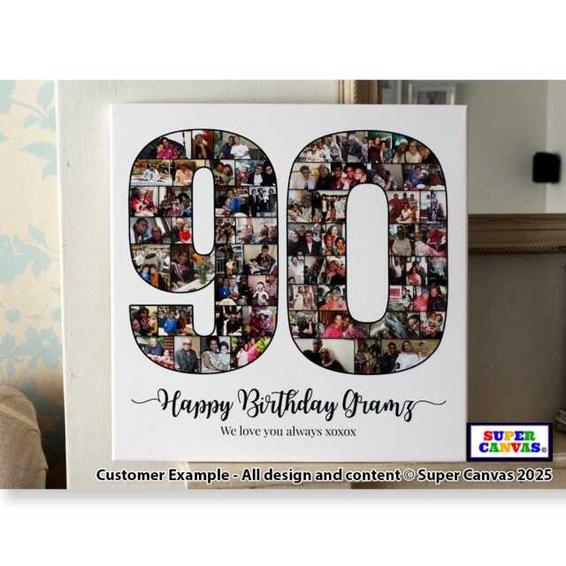 90Th Birthday Number 90 Picture Photo Collage Party Display Board Framed Canvas Print Mum Dad Nana Grandad Grandma Gift - image 1