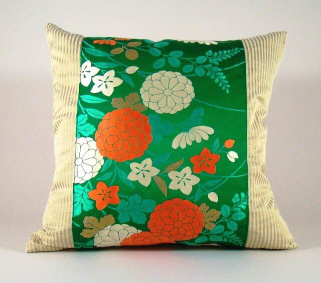 Emerald Green Floral Pillow Cover Vintage Japanese Obi Silk Accent - image 1
