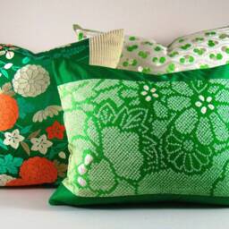Emerald Green Floral Pillow Cover Vintage Japanese Obi Silk Accent - thumbnail 4