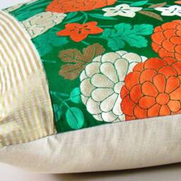 Emerald Green Floral Pillow Cover Vintage Japanese Obi Silk Accent - thumbnail 3