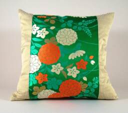 Emerald Green Floral Pillow Cover Vintage Japanese Obi Silk Accent