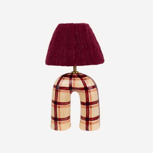 Handmade Ceramic Table Lamp Maroon Gingham, Alpaca Silk Shade - image 1