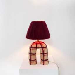 Handmade Ceramic Table Lamp Maroon Gingham, Alpaca Silk Shade - thumbnail 3