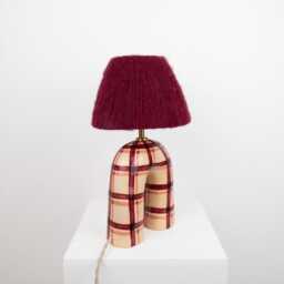 Handmade Ceramic Table Lamp Maroon Gingham, Alpaca Silk Shade - thumbnail 2