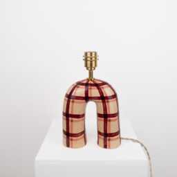 Handmade Ceramic Table Lamp Maroon Gingham, Alpaca Silk Shade - thumbnail 4