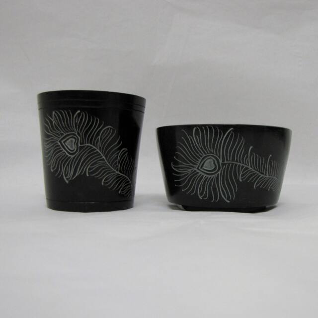 Set Of 2 Natural Soapstone Bowls - Peacock Feather Design, Multi-Use Candle, Trinket, Potpourri & Incense Cone Holder - image 1