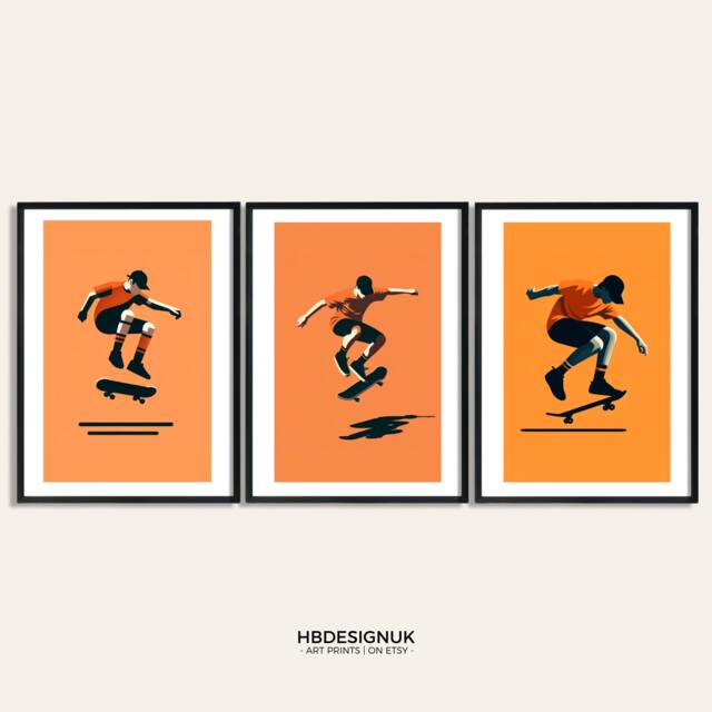 Orange Skateboarding Wall Art - Set Of 3 Prints - Skateboard Posters Kids Room Decor Gift Skateboarder Artwork Boys Bedroom Gifts - image 1