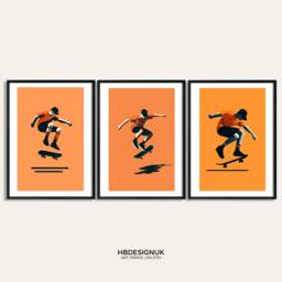 Orange Skateboarding Wall Art - Set Of 3 Prints - Skateboard Posters Kids Room Decor Gift Skateboarder Artwork Boys Bedroom Gifts - thumbnail 1