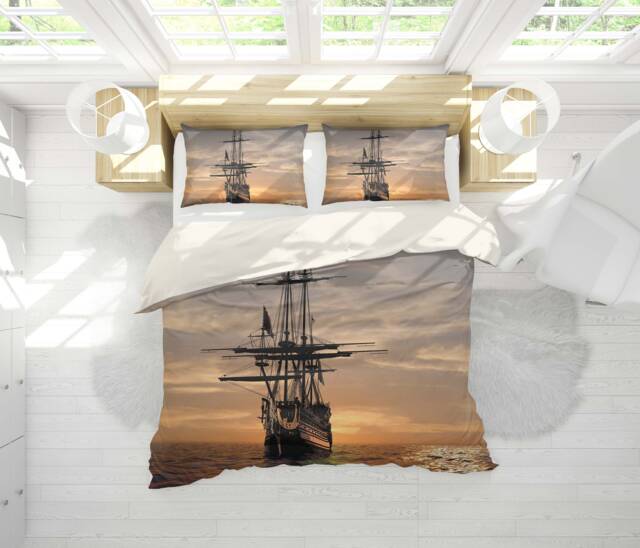 3D Sailboat Sunset Duvet Cover Set, Sea Scenery Bedding - image 1