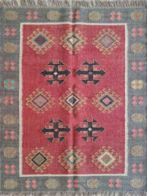 Red Wool Jute Flatweave Rug - Handwoven Tribal Kilim Carpet For Living Room & Bedroom - image 1