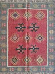 Red Wool Jute Flatweave Rug - Handwoven Tribal Kilim Carpet For Living Room & Bedroom - thumbnail 1