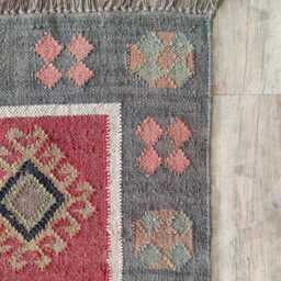 Red Wool Jute Flatweave Rug - Handwoven Tribal Kilim Carpet For Living Room & Bedroom - thumbnail 3