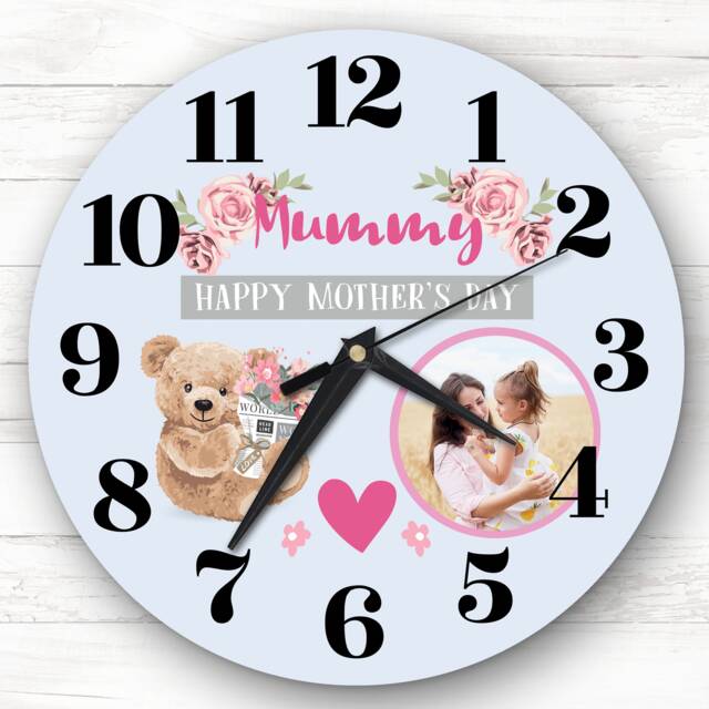 Mummy Mother's Day Gift Bear Photo Blue Personalised Clock - image 1