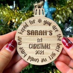 Personalised Baby's 1st First Christmas Xmas - Tree Decoration/Bauble Ornament Wooden Wood Engraved Oak, Cherry Or Walnut- Baby Name - thumbnail 1