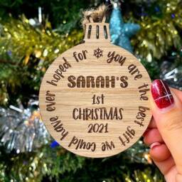 Personalised Baby's 1st First Christmas Xmas - Tree Decoration/Bauble Ornament Wooden Wood Engraved Oak, Cherry Or Walnut- Baby Name - thumbnail 2