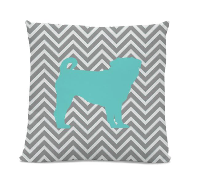 Chevron Teal Pug Pillow - Silhouette Gray Dog Breed Pillow Decor Dog - image 1